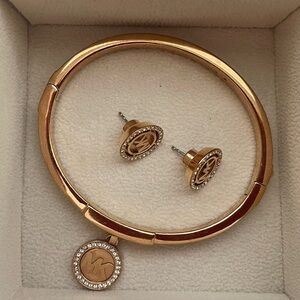 MICHAEL KORS Gold Bracelet and Earring Set MK Logo Crystals Bangle MK Charm